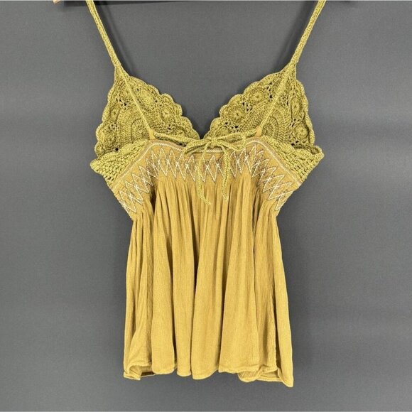 Free People Women's Crochet Babydoll Cami Top S Green Boho Festival Going Out - Picture 2 of 9